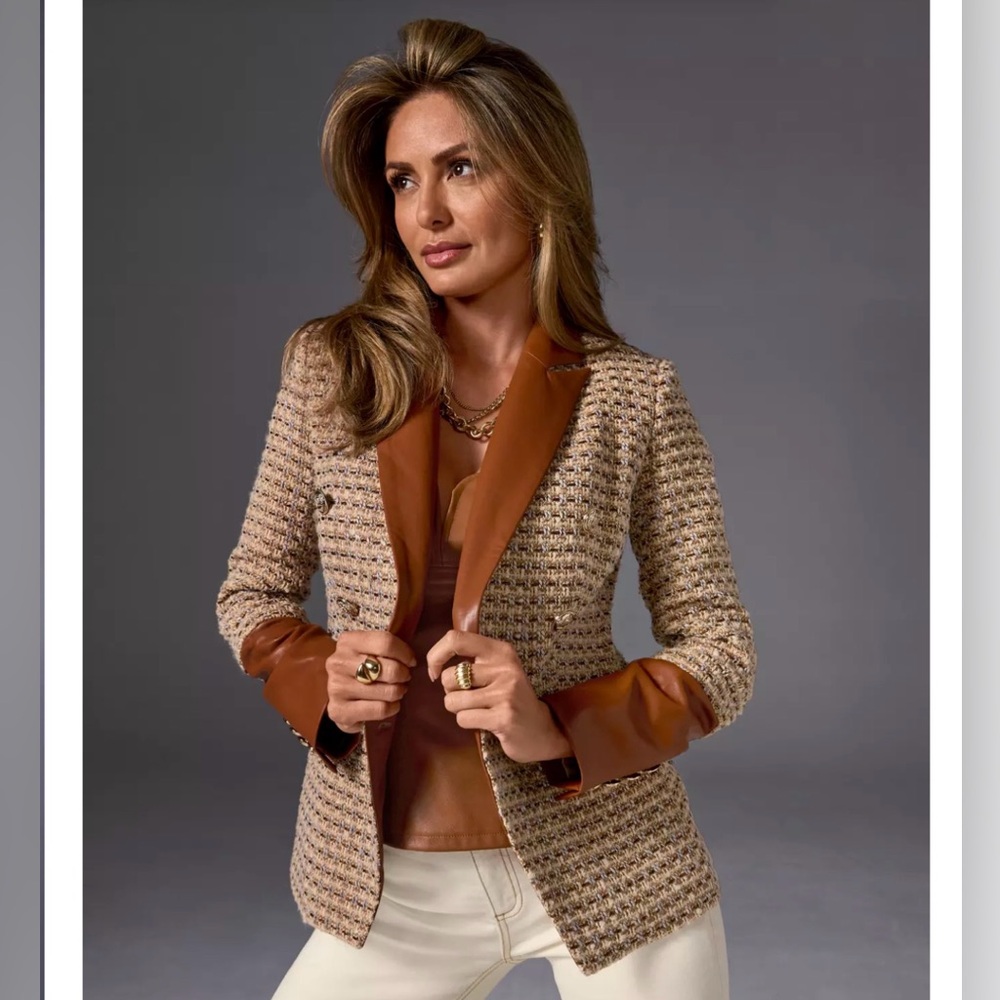 Boston Proper Taupe sparkly Tweed Jacket with Brown Leather Trim size 2